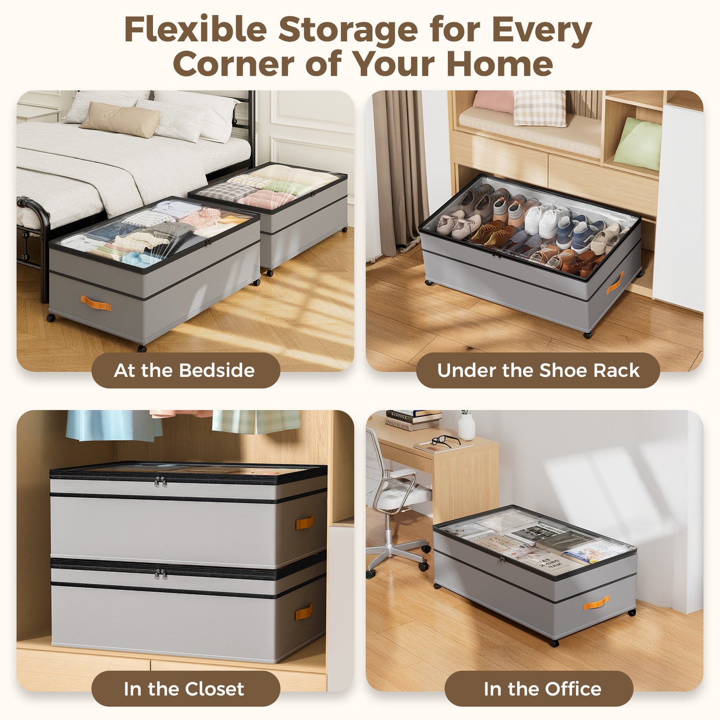 YOUPINS XXXL 100L Under Bed Storage with Wheels,2 Pack Under Bed Storage Containers,Storage Bins with Lids for Clothes Shoes Blankets,Gray