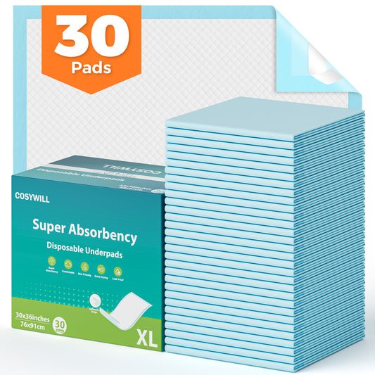 COSYWILL Bed Pads,30'' x 36'' Incontinence Bed Pads for Adults, Disposable Underpads with Adhesive Strip,30 Count