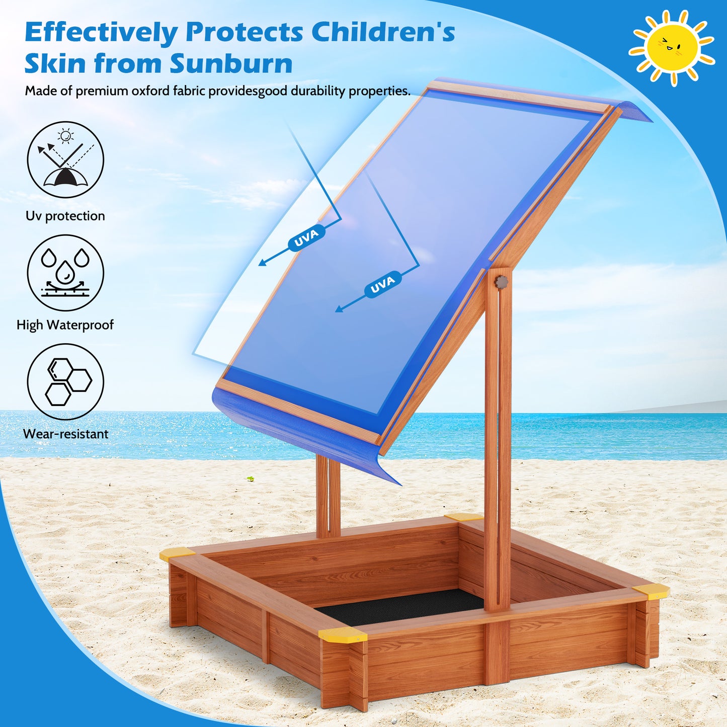 YOUPINS 48" Wooden Sandbox with Lid, Outdoor Large Kids Sandbox with Seat,for Yard Lawn Garden