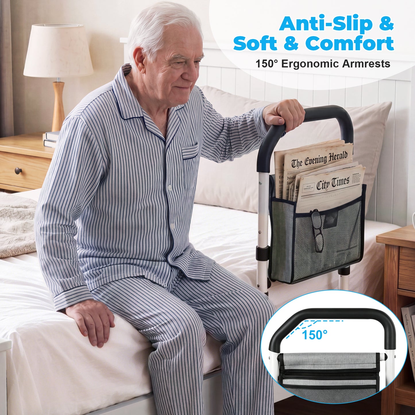 COSYWILL Bed Rails for Adults, Adjustable Bed Cane for Seniors, Bed Assist Rail with Non-Slip Handle & Storage Pocket Supports up to 330 lbs