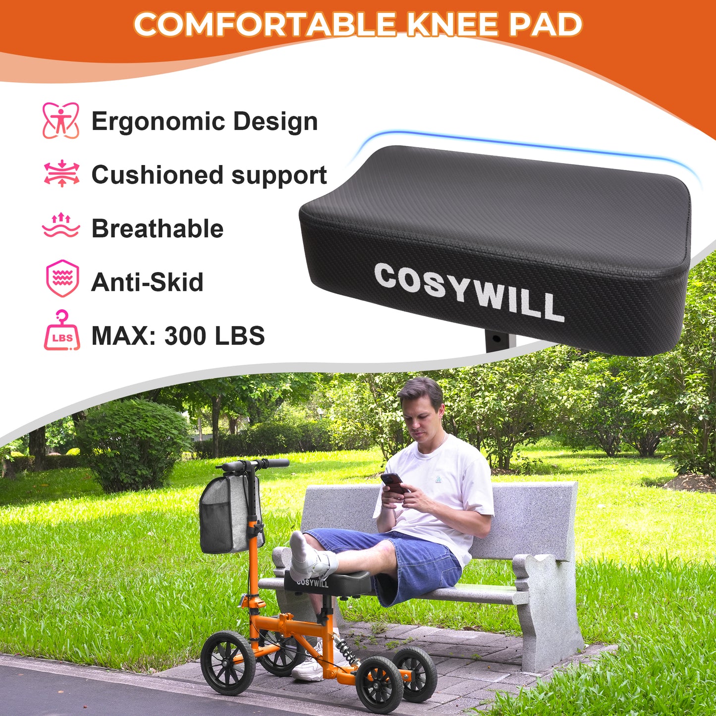 COSYWILL All Terrain Knee Scooter,Knee Walker Scooter for Foot Injuries,Adults Roller Scooter for with 10“ TPU Wheel,Compact Crutches Alternative,Orange