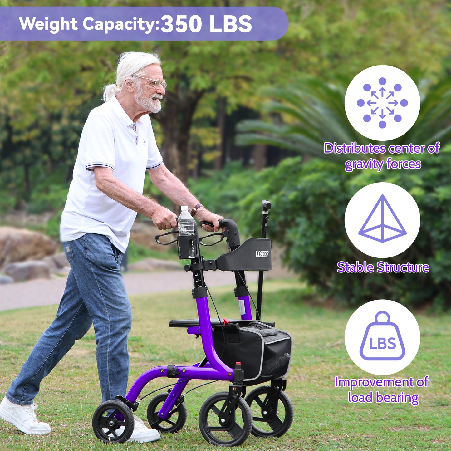 COSYWILL Rollator Walkers with Seat for Seniors, Foldable 10" Big Wheels All Terrain Rolling Walker,Adjustable Handles, Mobility Walker for Seniors,Purple