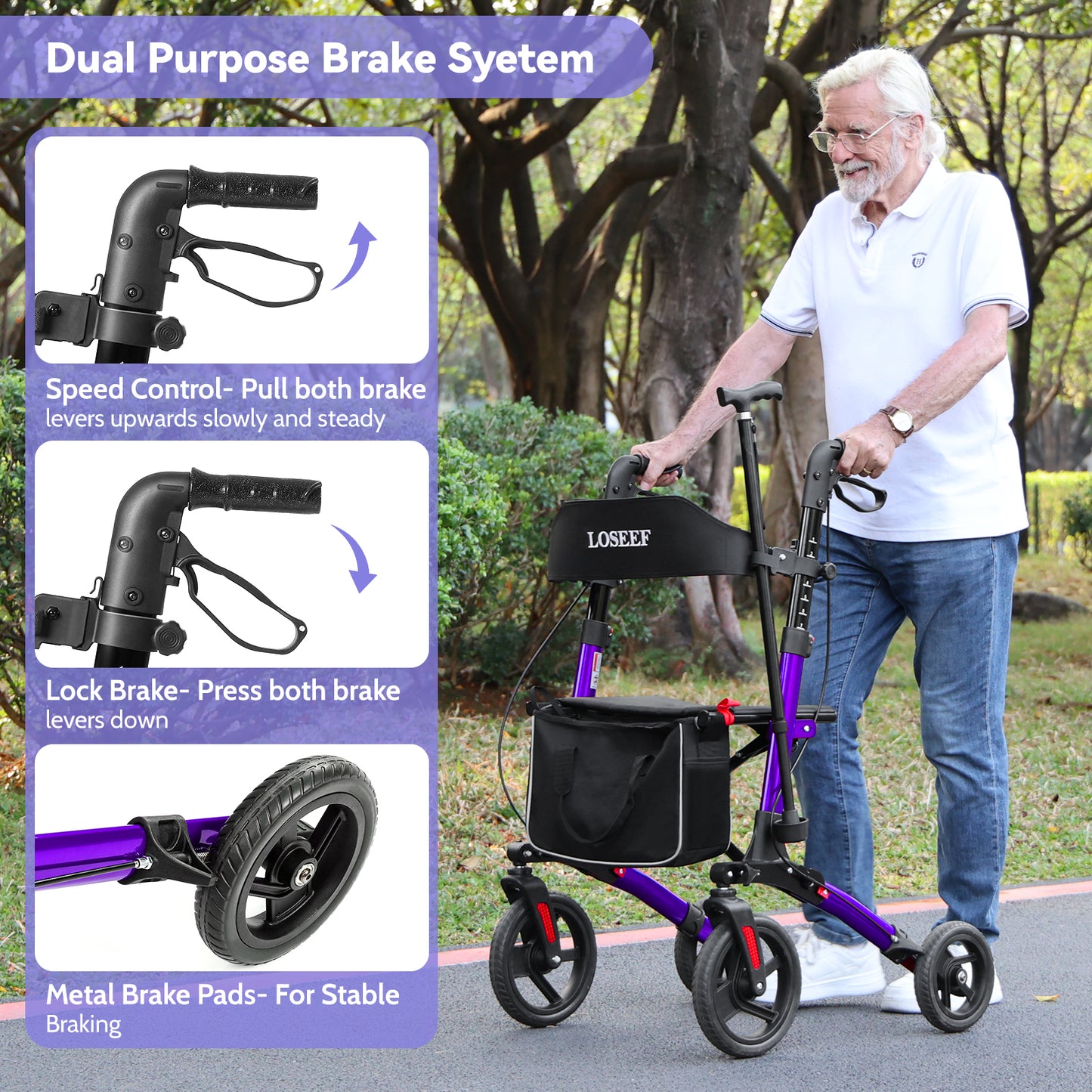 COSYWILL Walkers for Seniors,Foldable Rollator Walker with Seat,Mobility Walkers with 10" Big Wheels, Adjustable Handles and Backrest Height,Purple