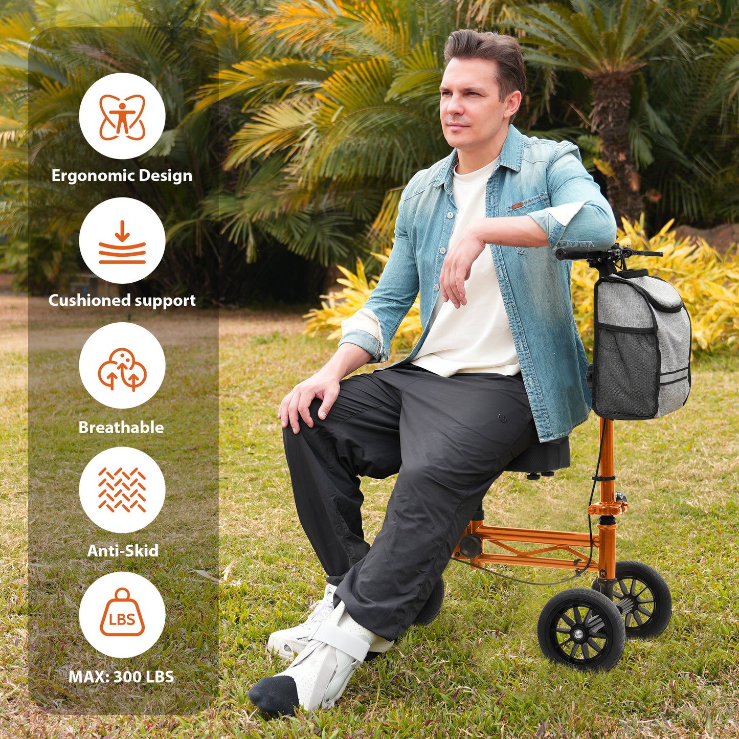 COSYWILL Knee Scooter,Economy Knee Walker with Dual Braking System,Foldable Scooter for Foot Injuries,Compact Crutches Alternative,Orange
