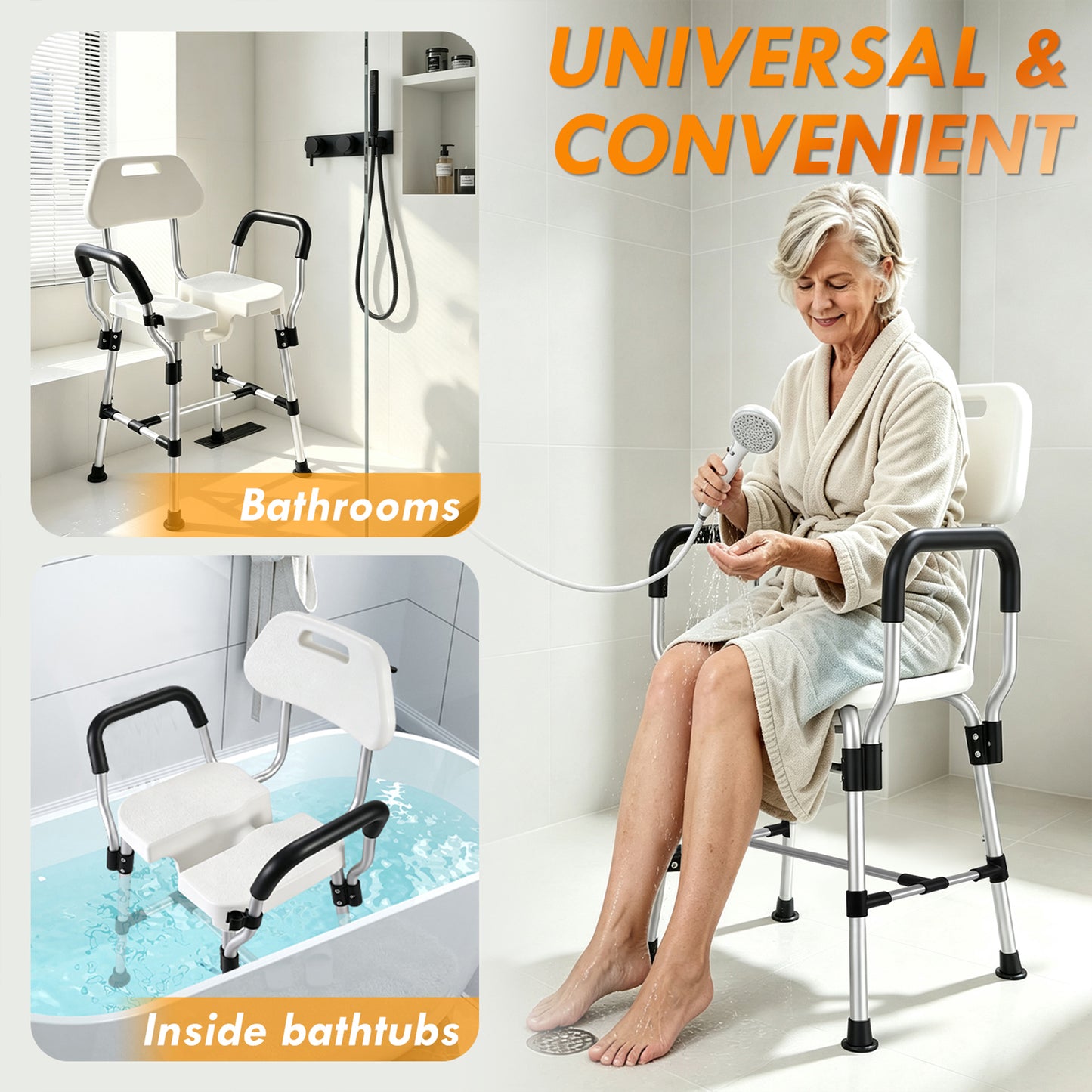 COSYWILL U-Shaped Shower Chair,Aluminum Adjustable Heigh Bath Chair with Back and Arms,Heavy Duty Shower Tool for Elderly Disabled Adults