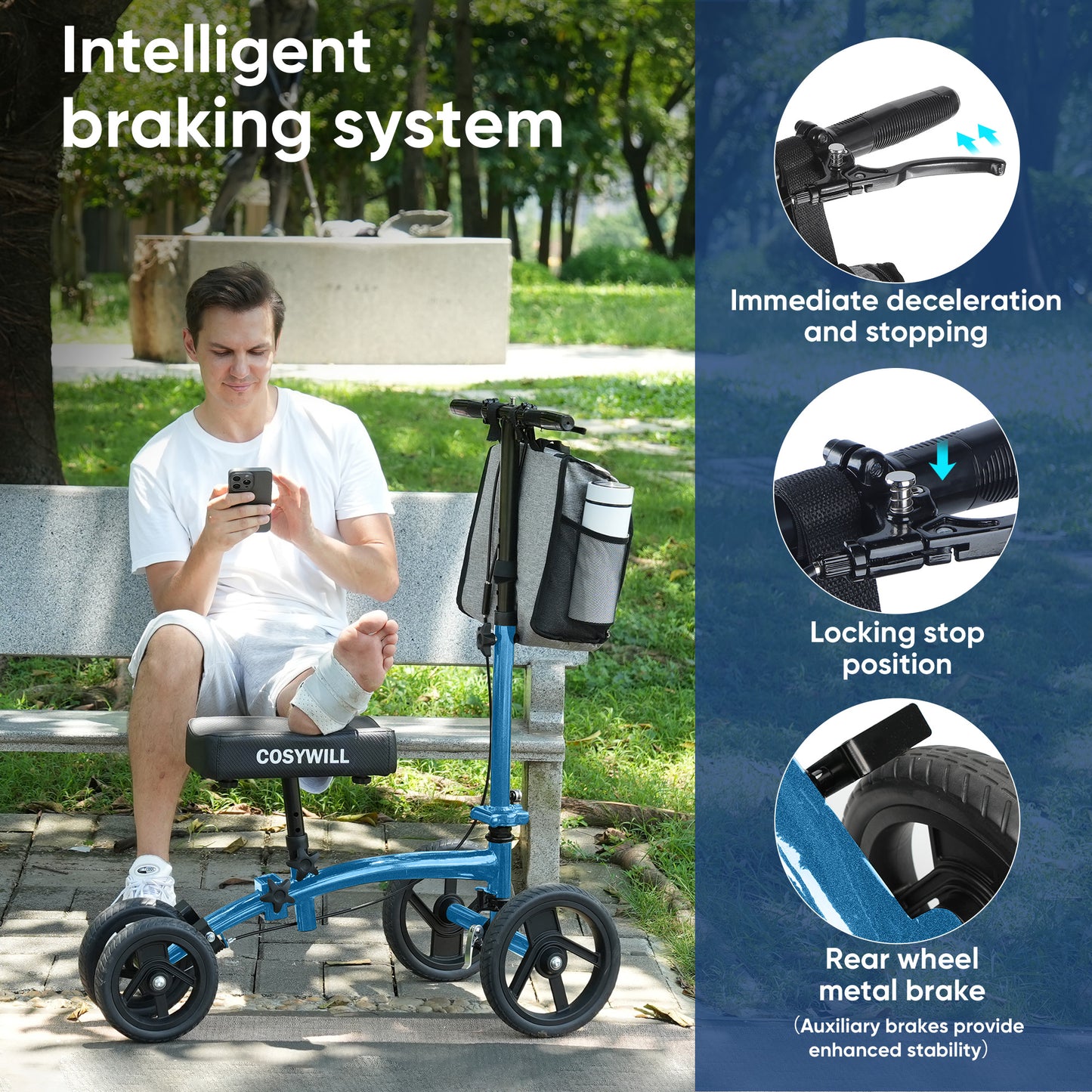 COSYWILL Steerable Knee Scooter,Economy Knee Walker,All Terrain Foldable Medical Scooter for Foot Injuries Crutches Alternative,Light Blue