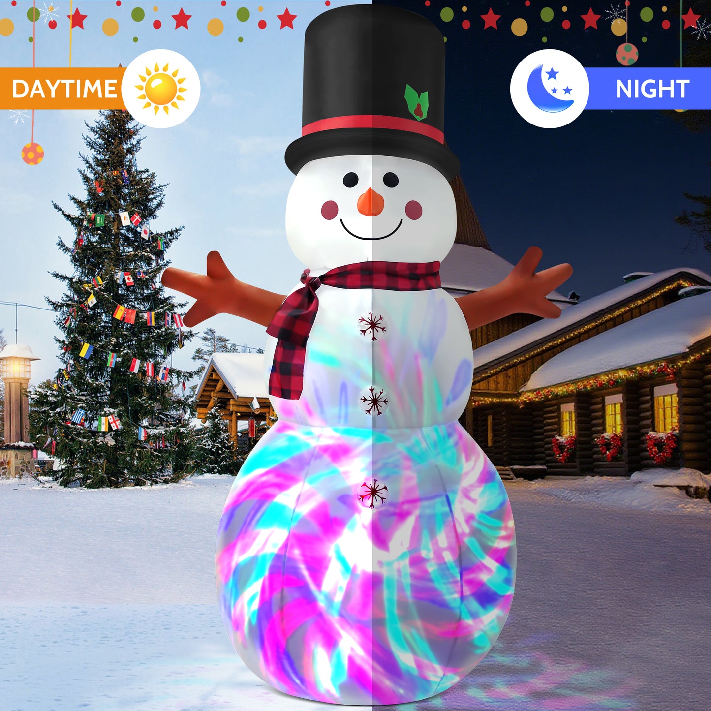 IZNEN 6FT Christmas Inflatable Outdoor Decoration Snowman, Built-in Rotating Disco Light,Blow Up Snow Man Wear Magic Hat Yard Decor for Xmas Holiday Lawn Yard Garden