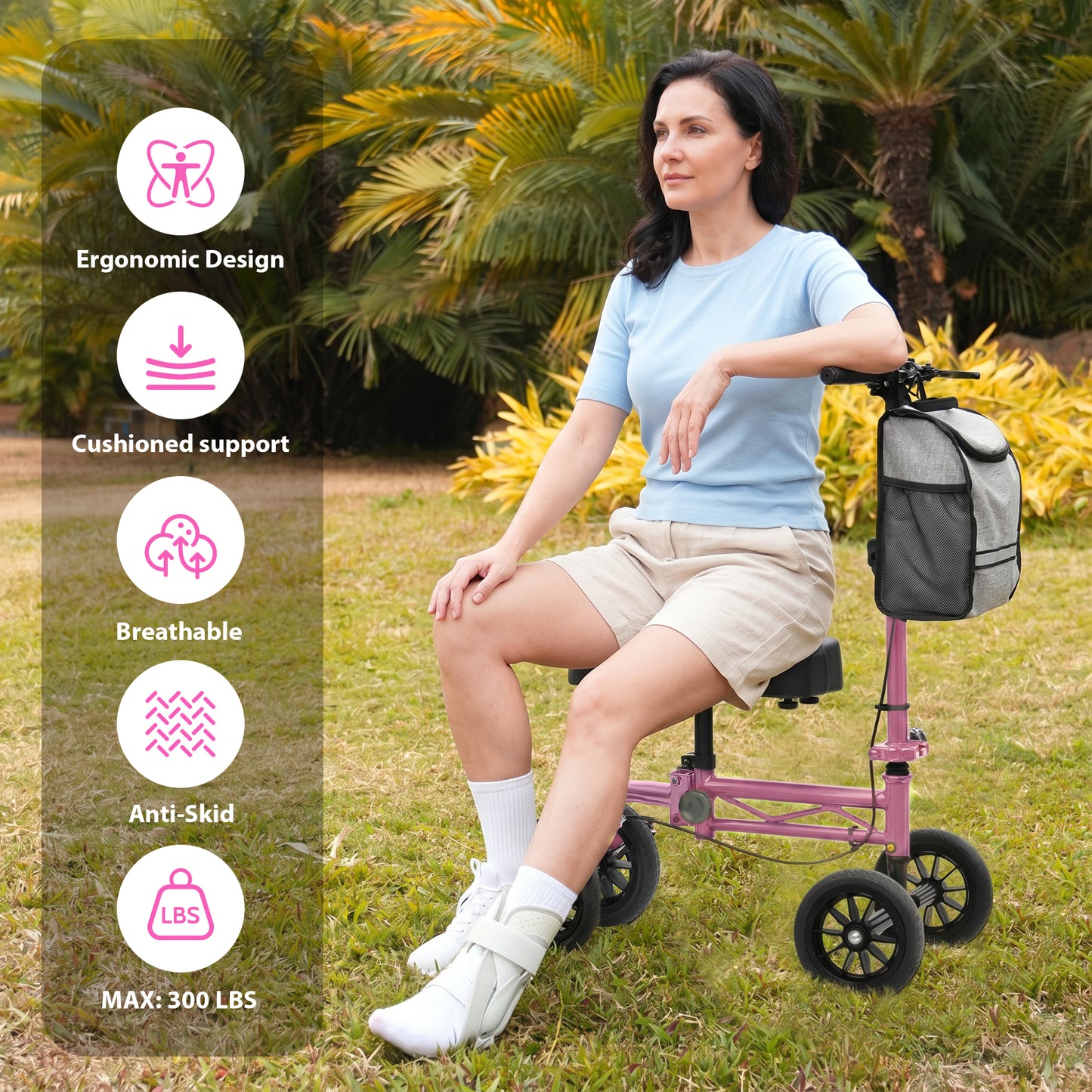 COSYWILL Knee Scooter,Economy Knee Walker with Dual Braking System,Foldable Scooter for Foot Injuries,Compact Crutches Alternative,Pink