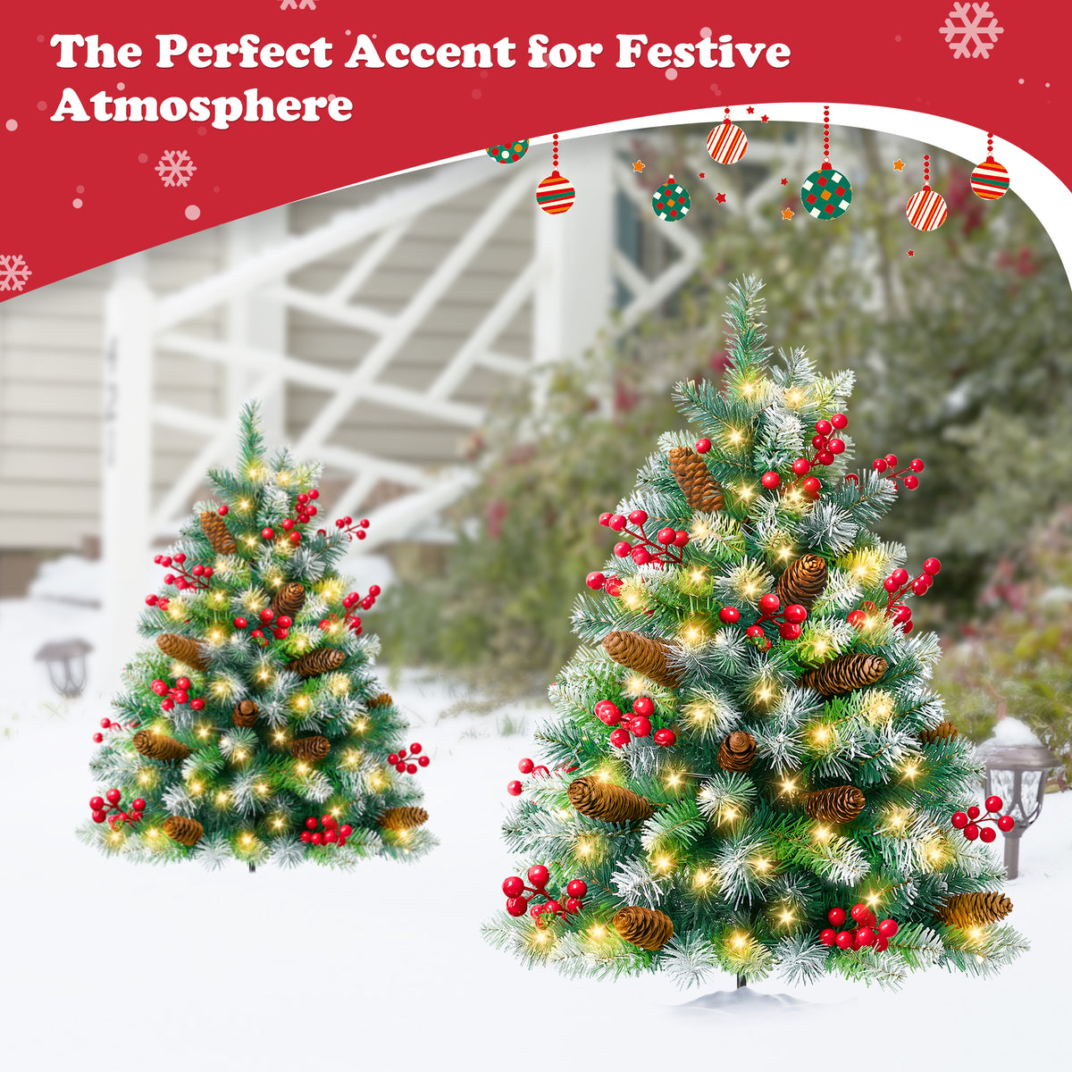 Yexmas 2PCS Small Outdoor Christmas Trees with LED Lights,30" Artificial Xmas Decora for Porch,Yard,Pathway,Garden,Mixed Green PVC
