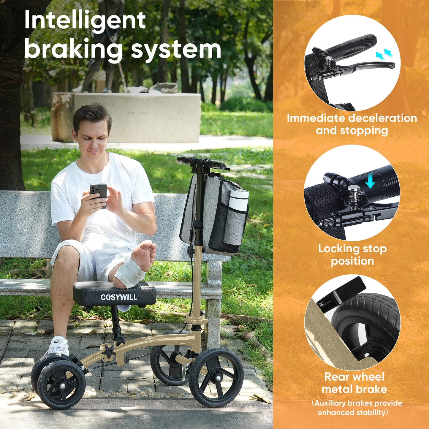 COSYWILL Steerable Knee Scooter,Economy Knee Walker,All Terrain Foldable Medical Scooter for Foot Injuries Crutches Alternative,Champagne Gold