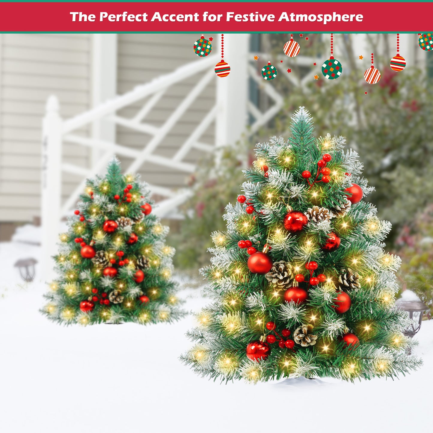 Yexmas 2PCS Small Outdoor Christmas Trees with LED Lights,30" Artificial Xmas Decora for Porch,Yard,Pathway,Garden,PVC