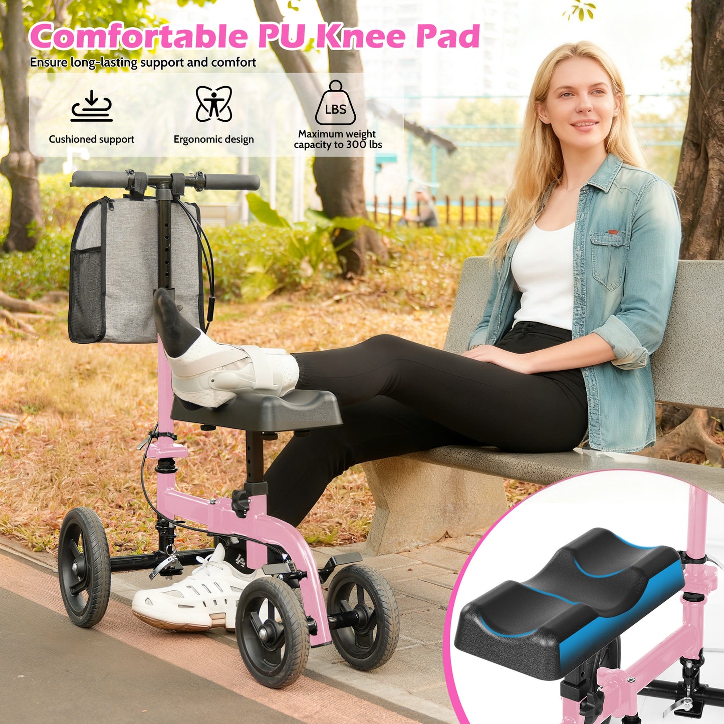 COSYWILL Steerable Knee Scooter,Knee Walker Scooter for Adults with 10" Front Wheels,Foldable Knee Scooter for Foot Surgery Crutches Alternative,Pink