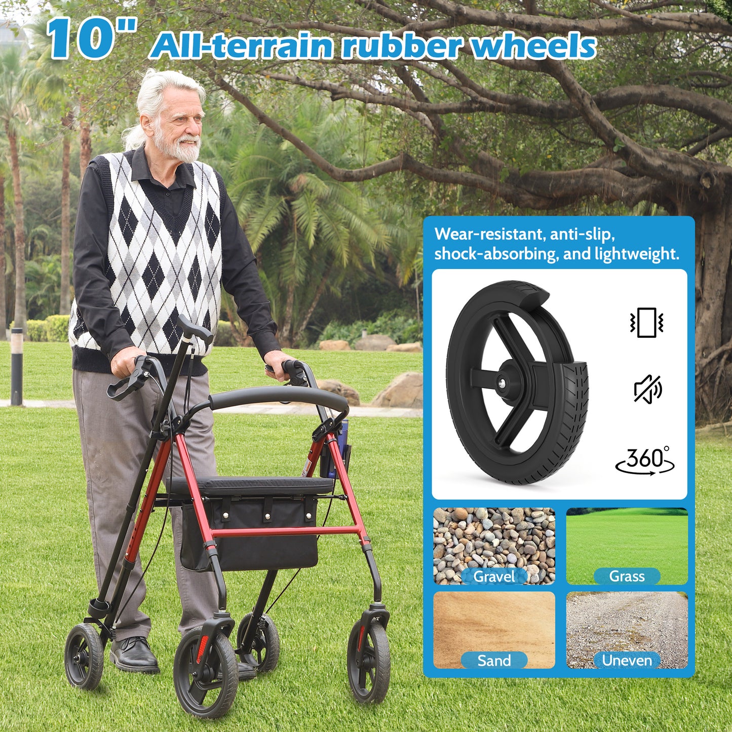 COSYWILL Rollator Walker with Seat,Foldable Walkers for Seniors,Mobility Walkers with 10'' Big Wheels,Adjustable Handles and Seat Height, Red