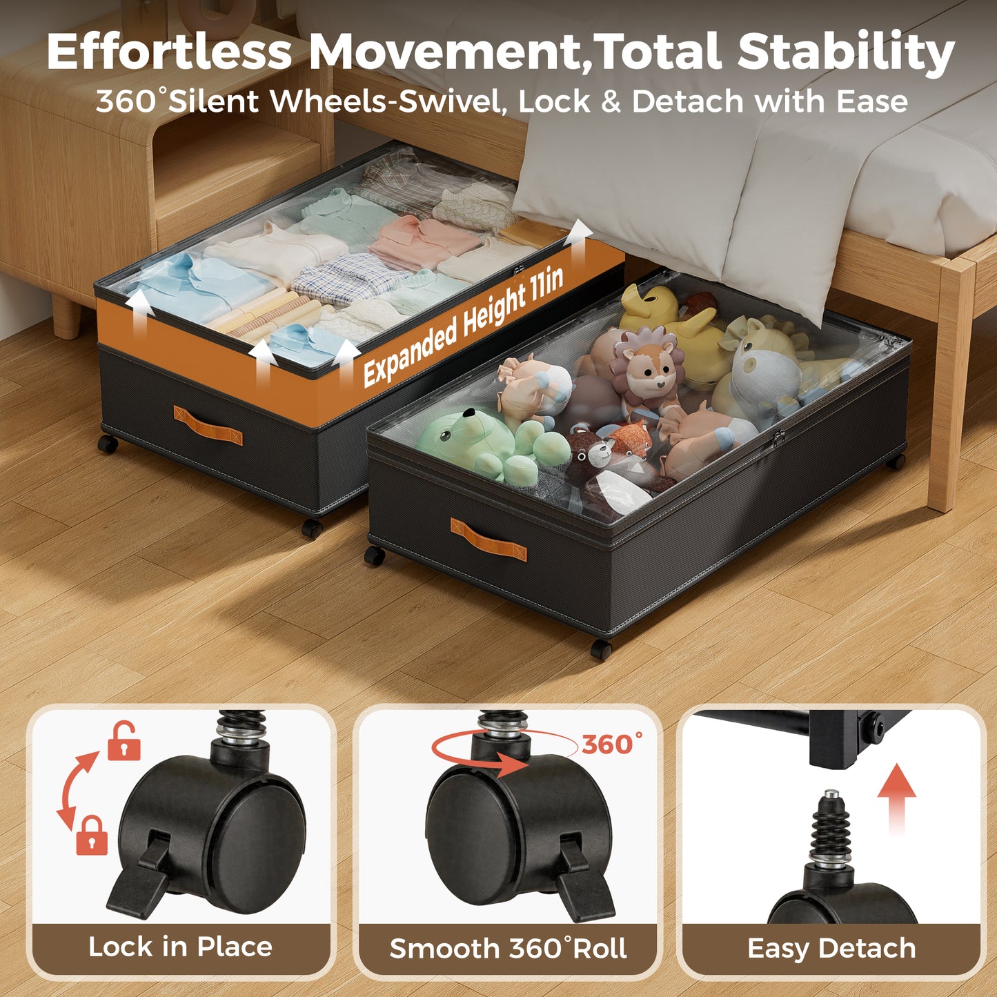 YOUPINS XXXL 100L Under Bed Storage with Wheels,2 Pack Under Bed Storage Containers,Storage Bins with Lids for Clothes Shoes Blankets,Black