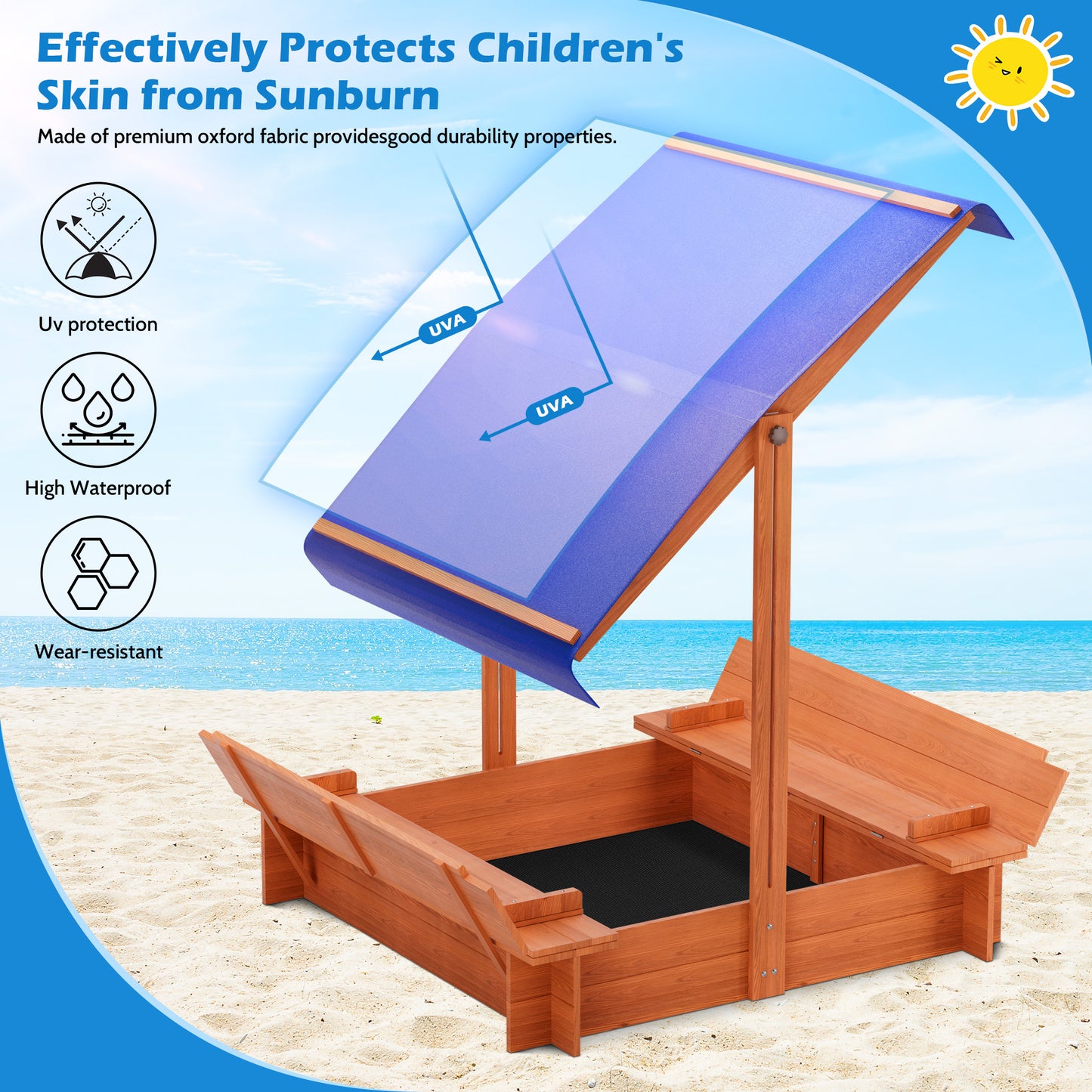 YOUPINS 48" Wooden Sandbox with Lid, Outdoor Large Kids Sandbox with Seat,for Yard Lawn Garden