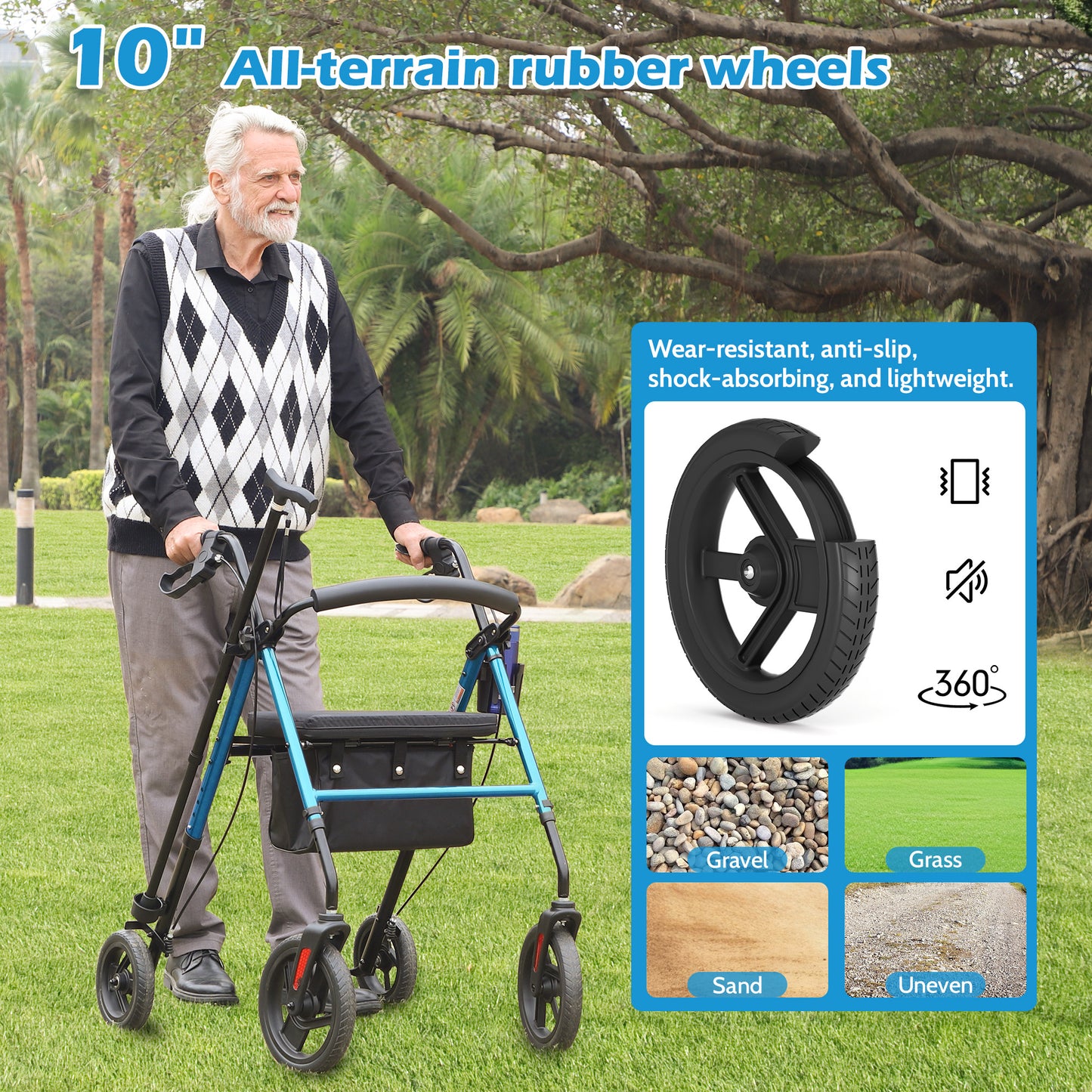 COSYWILL Rollator Walker with Seat,Foldable Walkers for Seniors,Mobility Walkers with 10'' Big Wheels,Adjustable Handles and Seat Height, Red