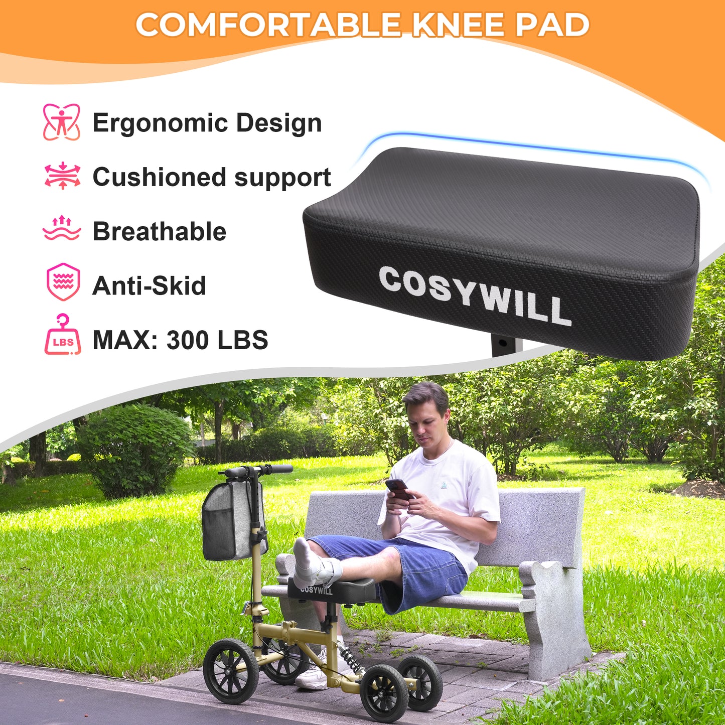 COSYWILL All Terrain Knee Scooter,Knee Walker Scooter for Foot Injuries,Adults Roller Scooter for with 10“ TPU Wheel,Compact Crutches Alternative,Champagne Gold