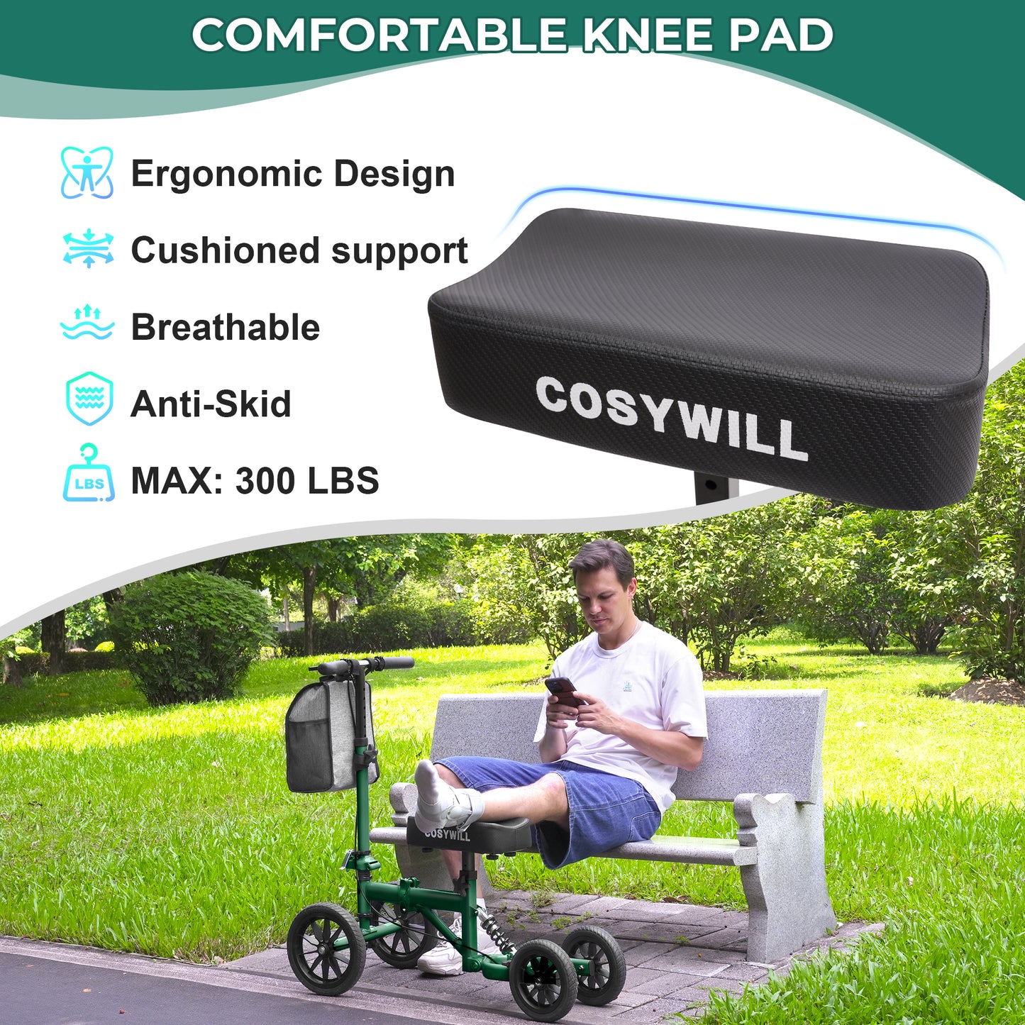 COSYWILL All Terrain Knee Scooter,Knee Walker Scooter for Foot Injuries,Adults Roller Scooter for with 10“ TPU Wheel,Compact Crutches Alternative,Green