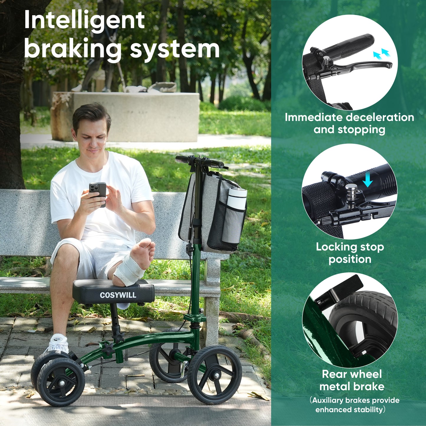COSYWILL Steerable Knee Scooter,Economy Knee Walker,All Terrain Foldable Medical Scooter for Foot Injuries Crutches Alternative,Green