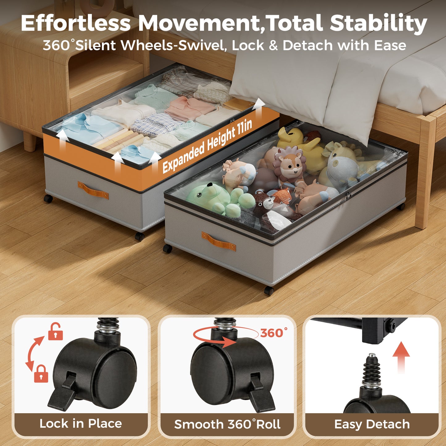 YOUPINS XXXL 100L Under Bed Storage with Wheels,2 Pack Under Bed Storage Containers,Storage Bins with Lids for Clothes Shoes Blankets,Gray
