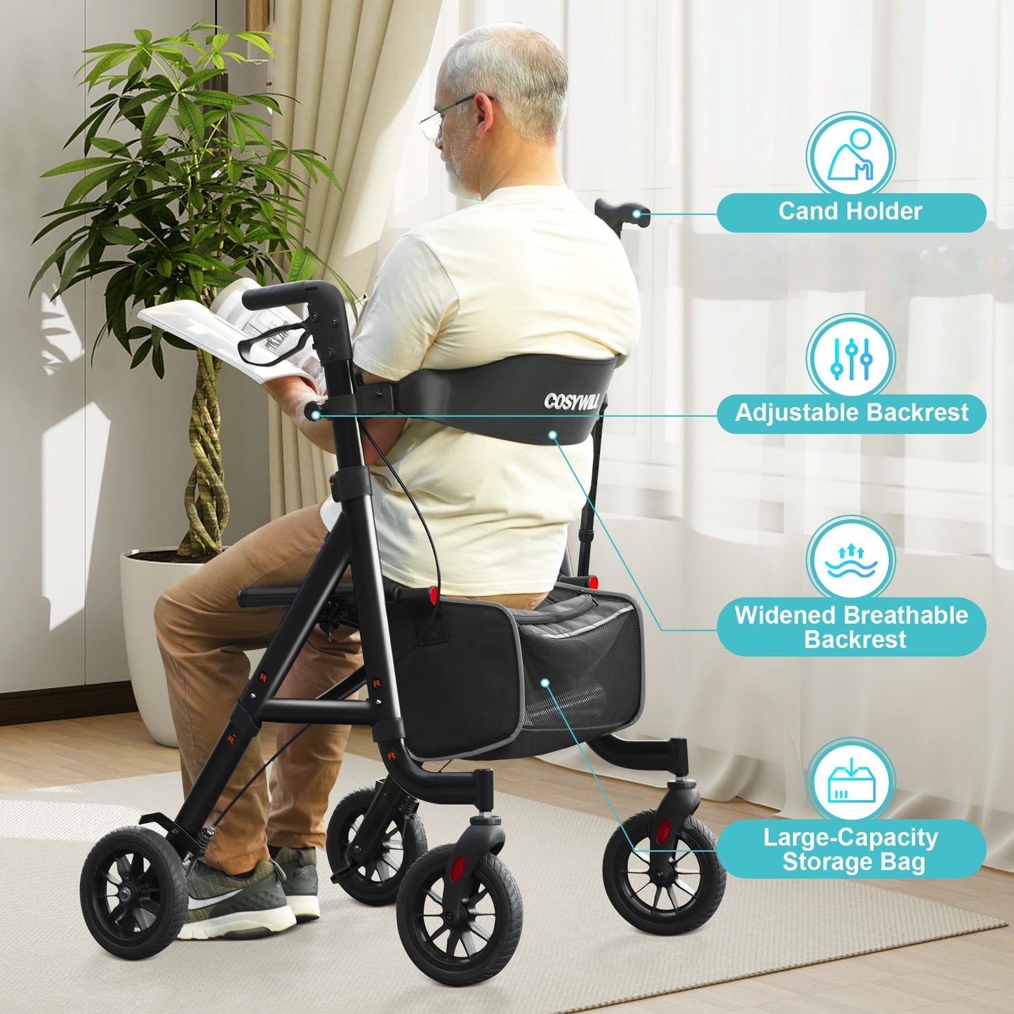 COSYWILL Aluminum Rollator Walker with Seat,Height Adjustable Mobility Walker with 8" Wheels,350 lb Weight Capacity,Black