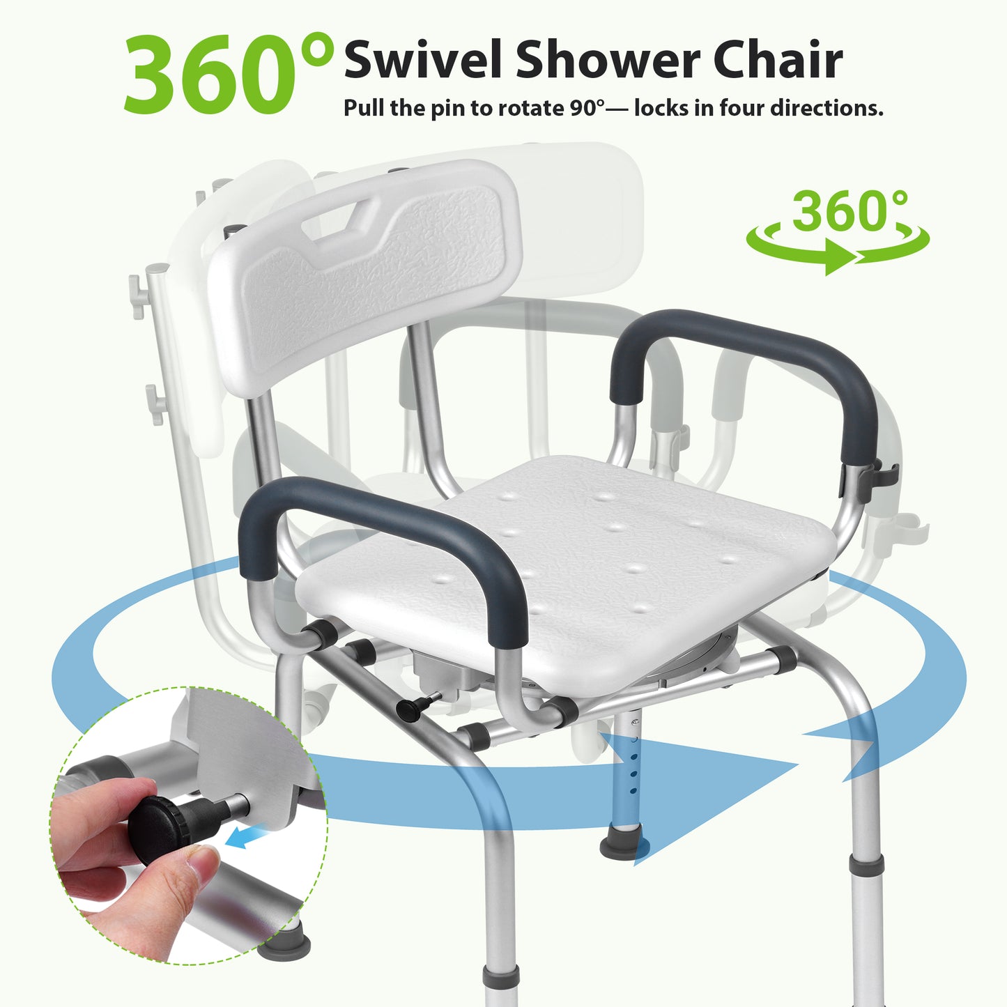 COSYWILL 360° Swivel Shower Chair,Adjustable Shower Stool for Inside Shower with Back and Arms,Heavy Duty Shower Bench for Elderly Disabled Adults,White