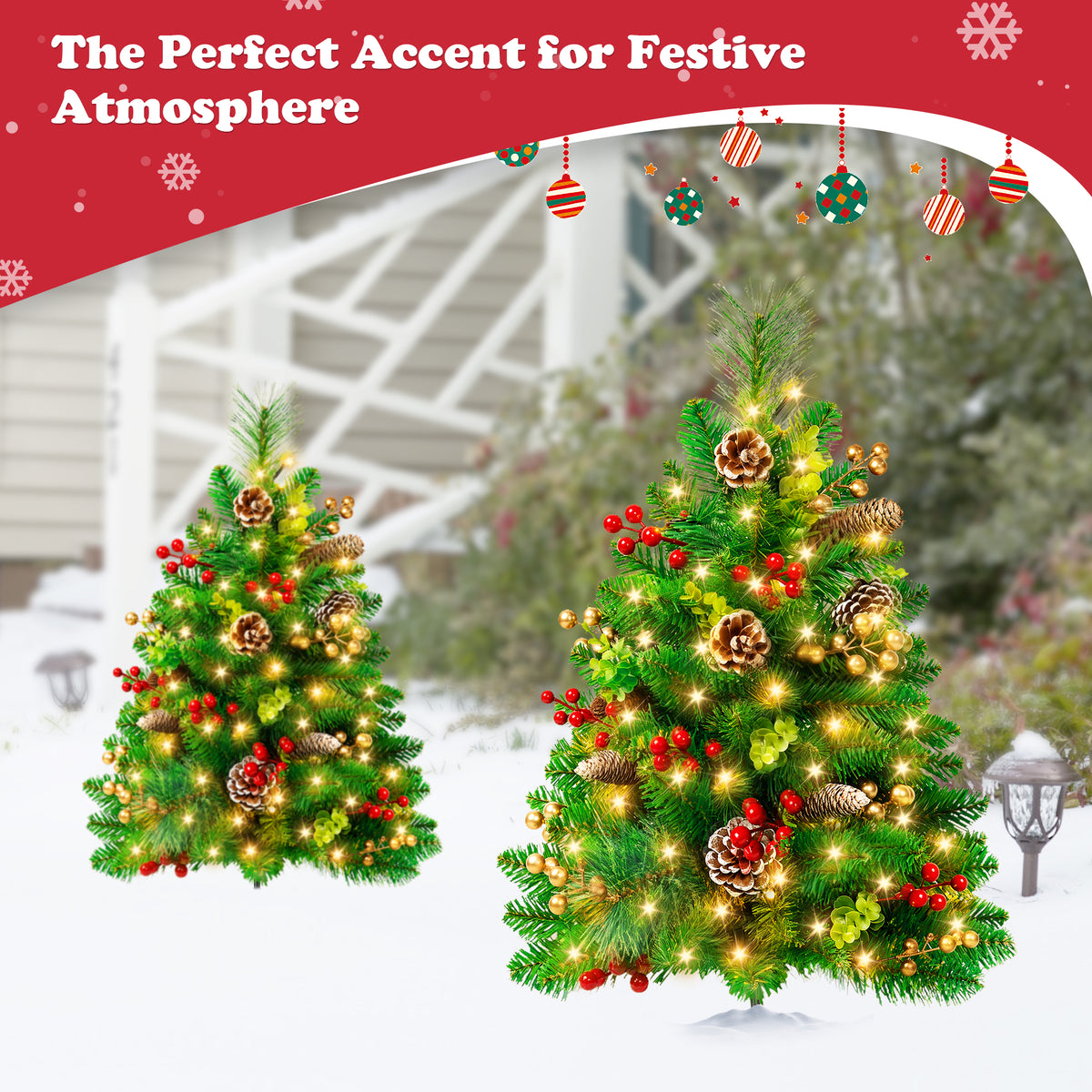 Yexmas 2PCS Small Outdoor Christmas Trees with LED Lights,30" Artificial Xmas Decora for Porch,Yard,Pathway,Garden,PVC+Pine Needles