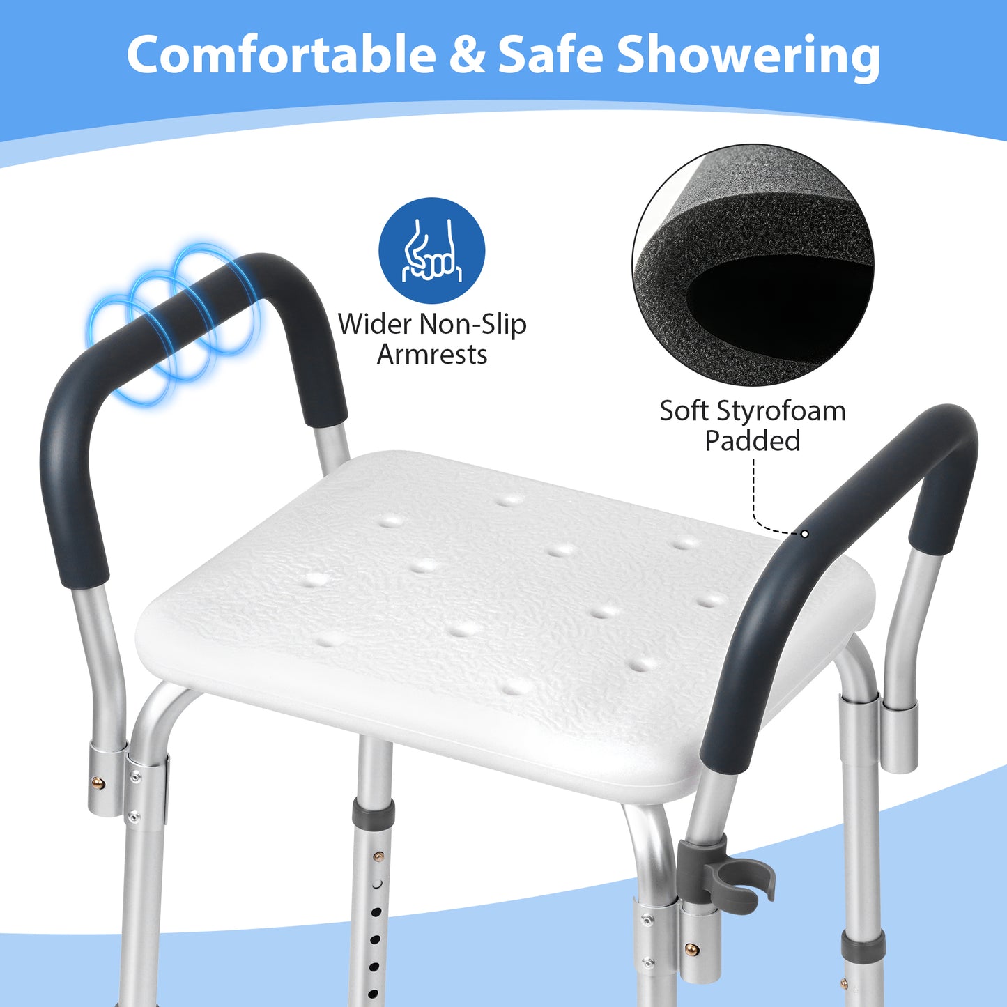 COSYWILL Shower Chair with Arms, Adjustable Height Bath Seat for inside shower or tub, Shower stools for Elderly, 330 lbs Capacity, Silver