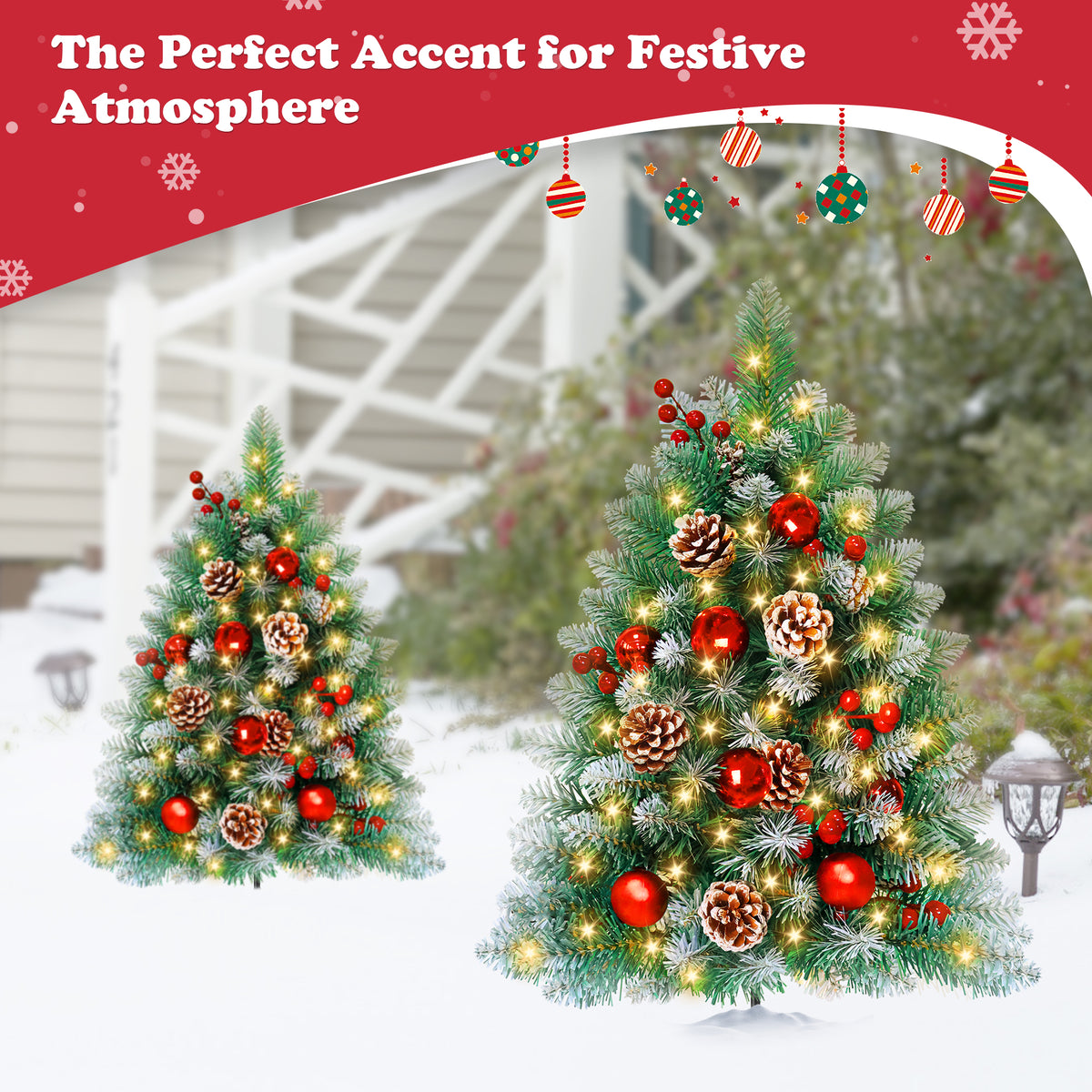 Yexmas 2PCS Small Outdoor Christmas Trees with LED Lights,30" Artificial Xmas Decora for Porch,Yard,Pathway,Garden,PVC