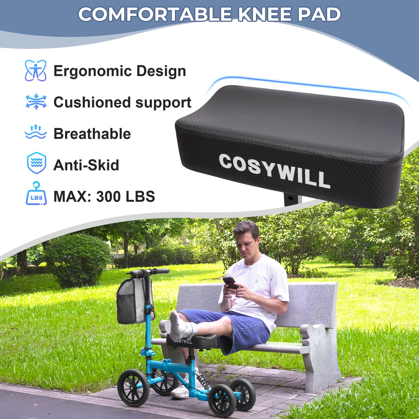 COSYWILL All Terrain Knee Scooter,Knee Walker Scooter for Foot Injuries,Adults Roller Scooter for with 10“ TPU Wheel,Compact Crutches Alternative,Light Blue