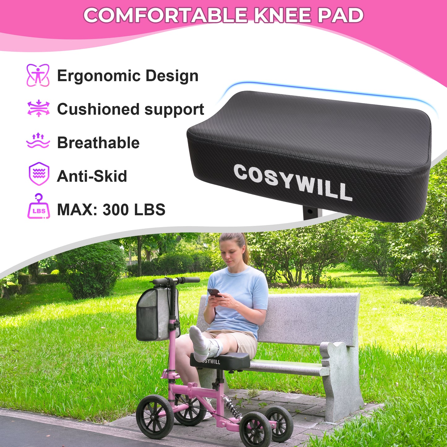 COSYWILL All Terrain Knee Scooter,Knee Walker Scooter for Foot Injuries,Adults Roller Scooter for with 10“ TPU Wheel,Compact Crutches Alternative,Pink