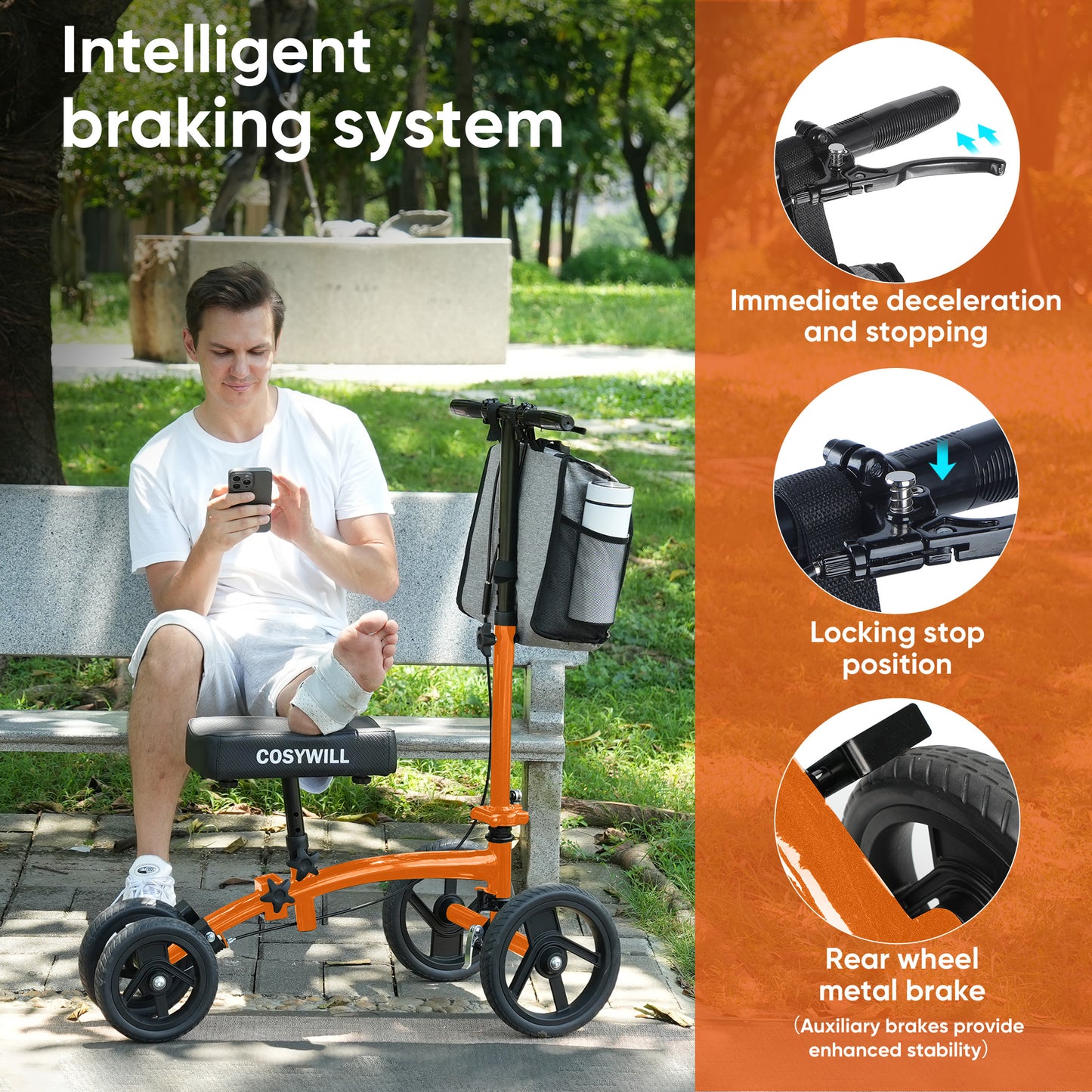 COSYWILL Steerable Knee Scooter,Economy Knee Walker,All Terrain Foldable Medical Scooter for Foot Injuries Crutches Alternative,Orange