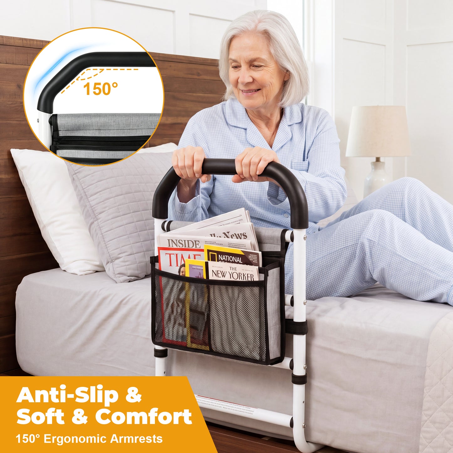 COSYWILL Bed Rails for Adults, Adjustable Bed Cane for Seniors, Bed Assist Rail with Non-Slip Handle & Storage Pocket Supports up to 330 lbs