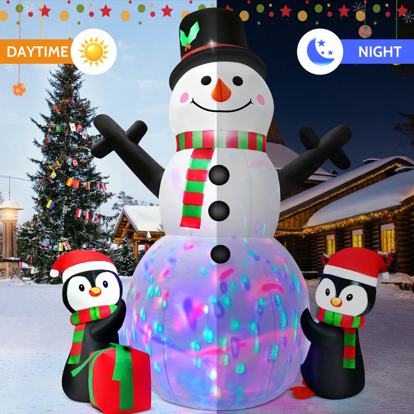 Yexmas 6FT Christmas Snowman Inflatables,Outdoor Snowman Decor with Penguins & Gift Boxes,Xmas Blow Up Yard Inflatables for Party Indoor Garden Lawn Decor