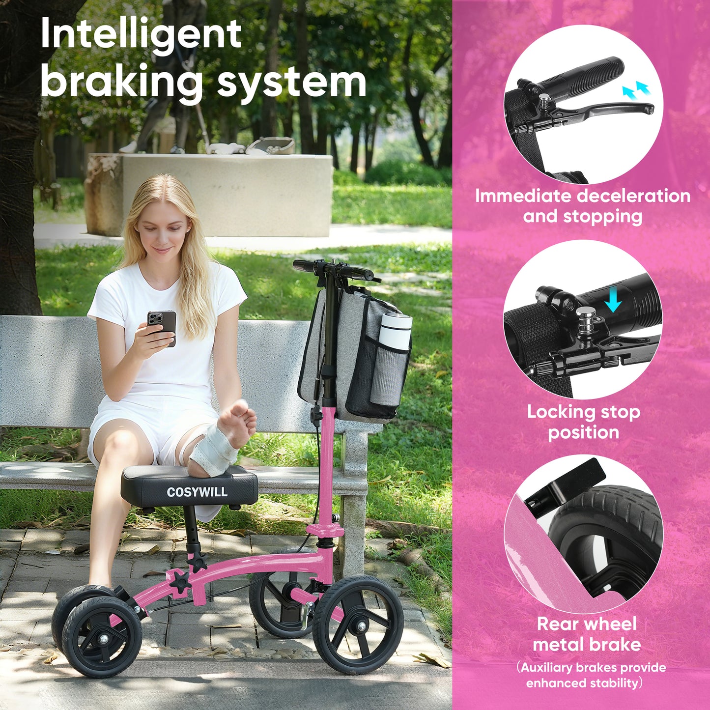 COSYWILL Steerable Knee Scooter,Economy Knee Walker,All Terrain Foldable Medical Scooter for Foot Injuries Crutches Alternative,Pink