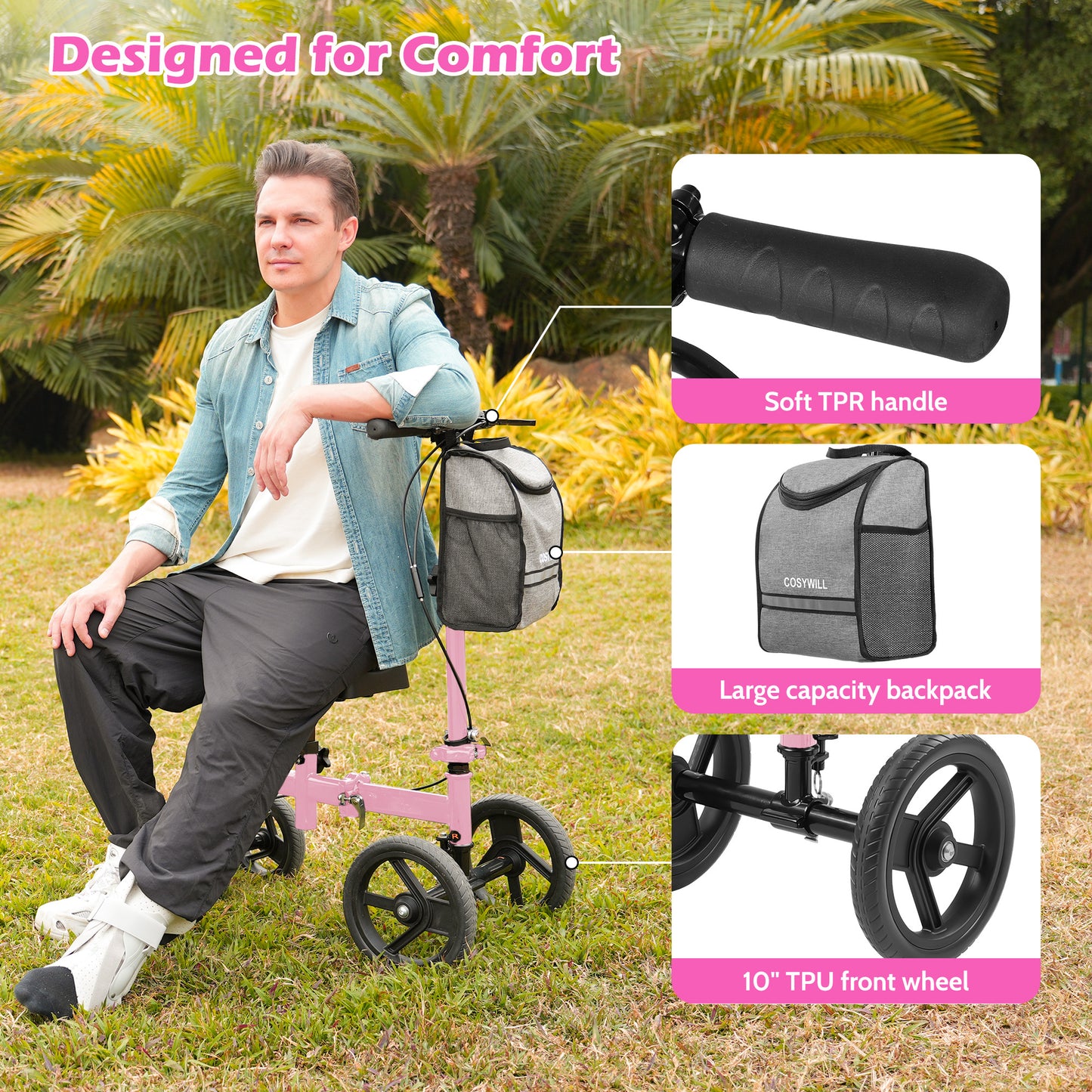 COSYWILL Steerable Knee Scooter,Knee Walker Scooter for Adults with 10" Front Wheels,Foldable Knee Scooter for Foot Surgery Crutches Alternative,Pink