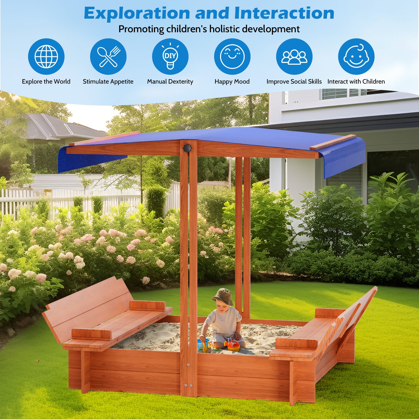 YOUPINS 48" Wooden Sandbox with Lid, Outdoor Large Kids Sandbox with Seat,for Yard Lawn Garden