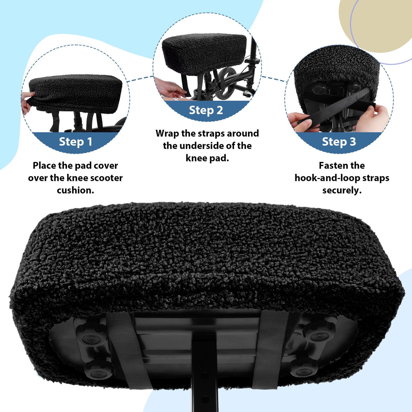 COSYWILL Knee Scooter Pad Cover with Memory Foam, Soft Removable Knee Walker Pad Cover, Washable Replacement Cushion Cover, Black