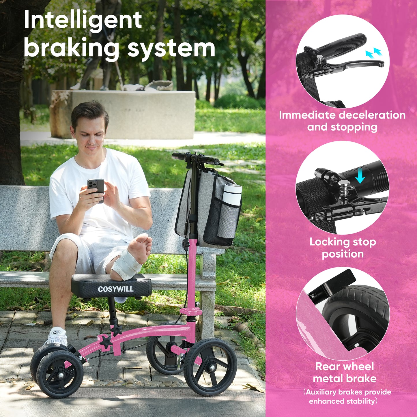 COSYWILL Steerable Knee Scooter,Economy Knee Walker,All Terrain Foldable Medical Scooter for Foot Injuries Crutches Alternative,Pink
