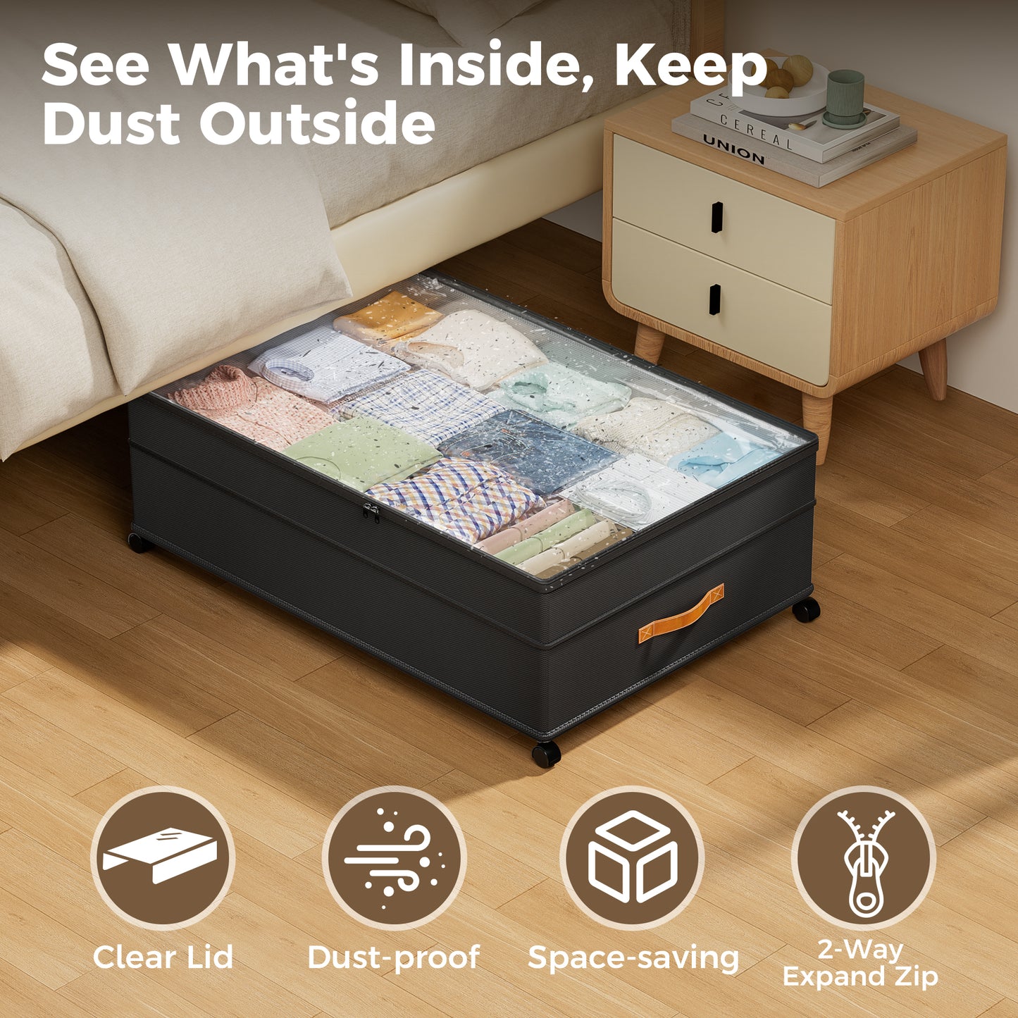 YOUPINS XXXL 100L Under Bed Storage with Wheels,2 Pack Under Bed Storage Containers,Storage Bins with Lids for Clothes Shoes Blankets,Black
