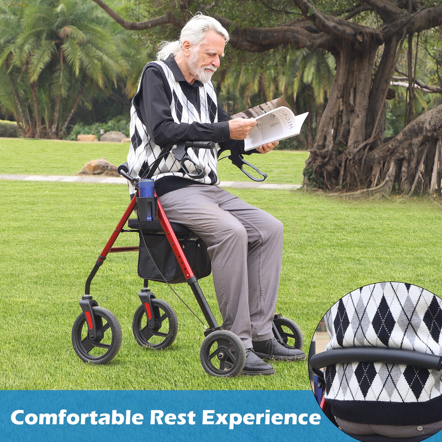 COSYWILL Rollator Walker with Seat,Foldable Walkers for Seniors,Mobility Walkers with 10'' Big Wheels,Adjustable Handles and Seat Height, Red