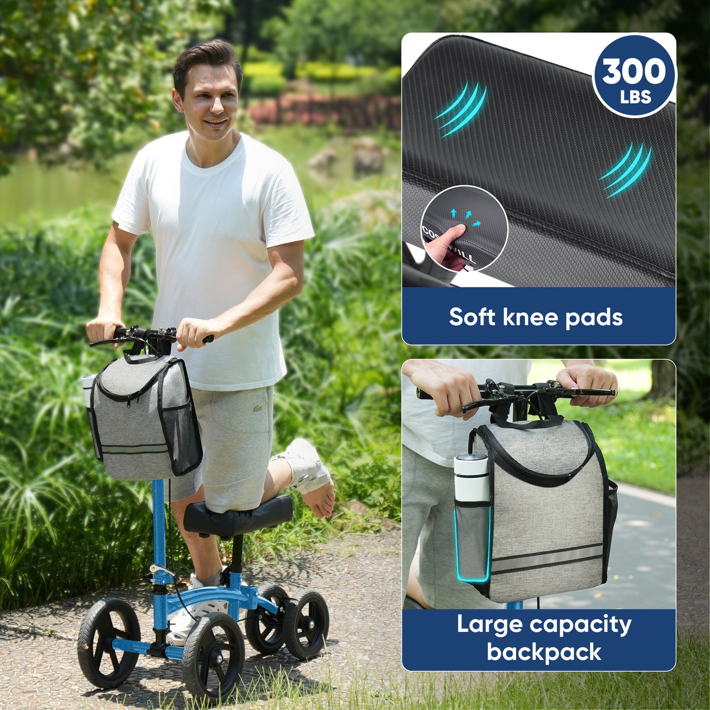 COSYWILL Steerable Knee Scooter,Economy Knee Walker,All Terrain Foldable Medical Scooter for Foot Injuries Crutches Alternative,Light Blue