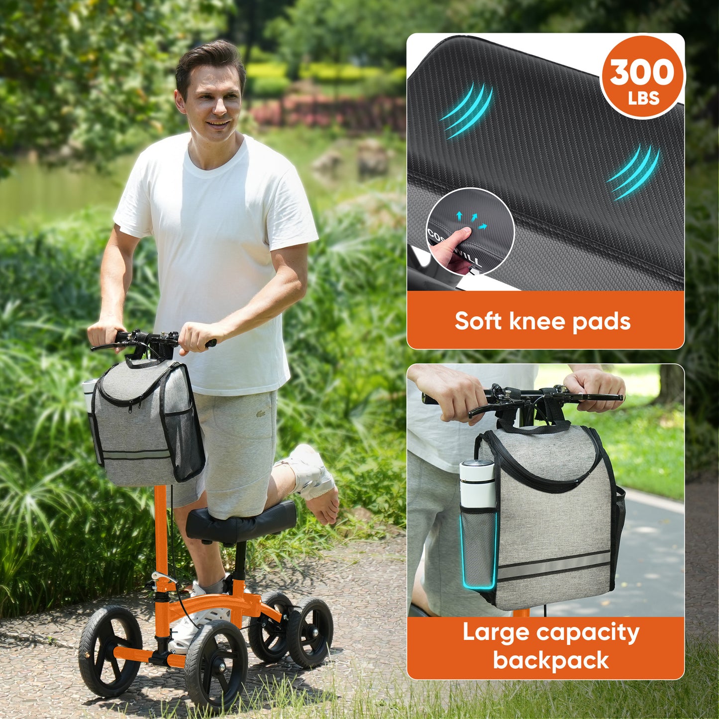 COSYWILL Steerable Knee Scooter,Economy Knee Walker,All Terrain Foldable Medical Scooter for Foot Injuries Crutches Alternative,Orange