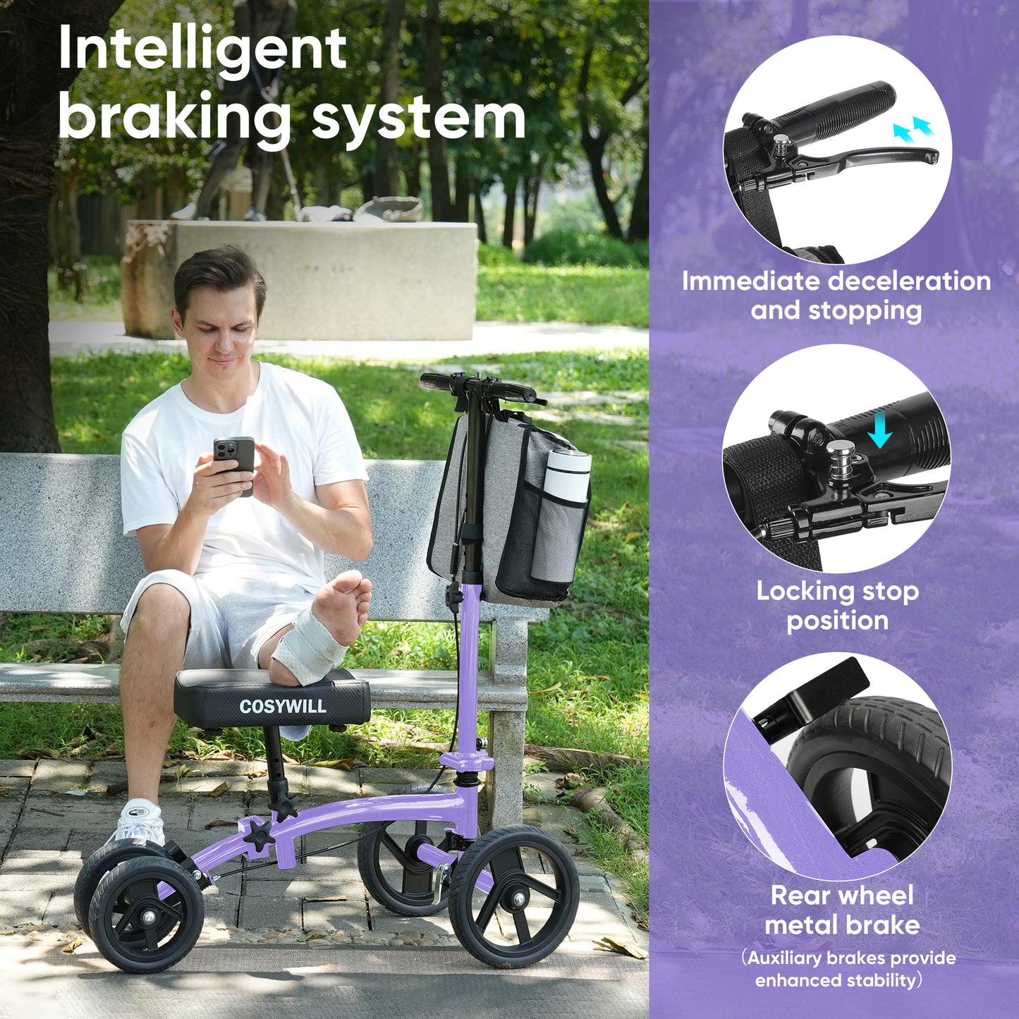 COSYWILL Steerable Knee Scooter,Economy Knee Walker,All Terrain Foldable Medical Scooter for Foot Injuries Crutches Alternative,Purple