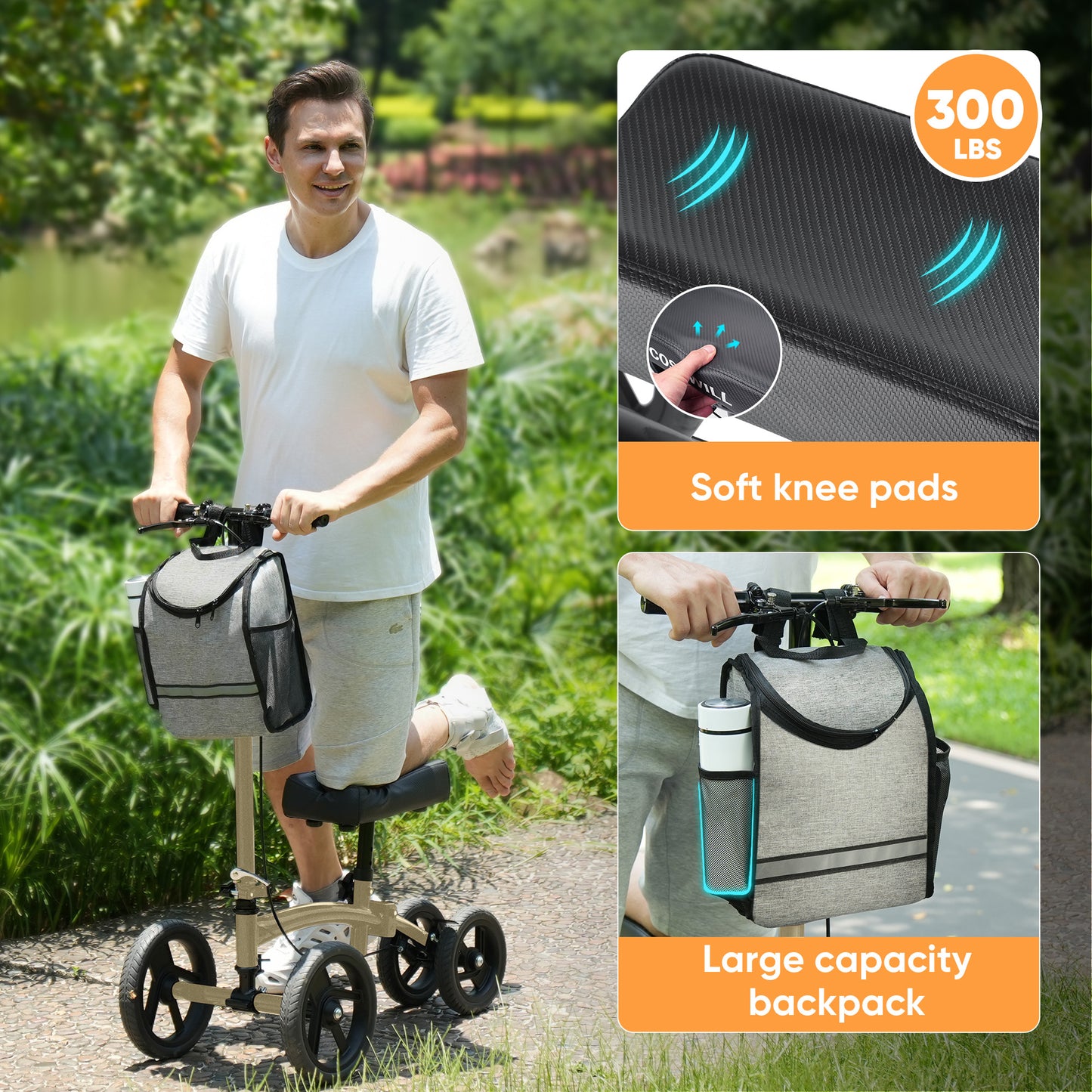 COSYWILL Steerable Knee Scooter,Economy Knee Walker,All Terrain Foldable Medical Scooter for Foot Injuries Crutches Alternative,Champagne Gold