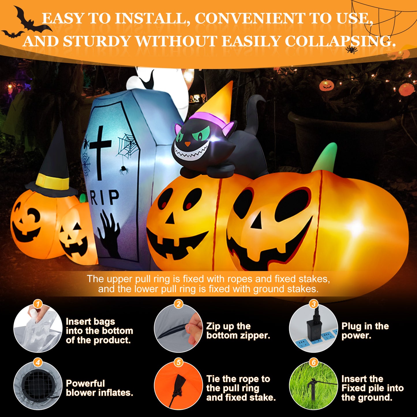 IZNEN 9.5ft Halloween Inflatable Pumpkins Outdoor Decor with Black Cat Tombstone and Spectre,Built-in LED Lights,for Halloween Party,Yard,Garden,Lawn