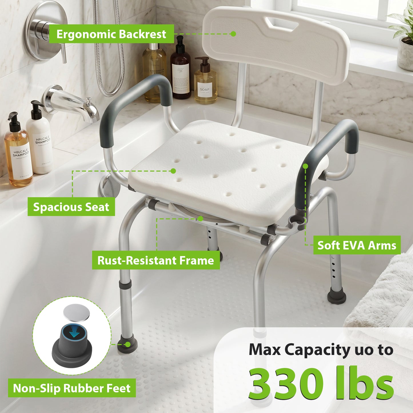 COSYWILL 360° Swivel Shower Chair,Adjustable Shower Stool for Inside Shower with Back and Arms,Heavy Duty Shower Bench for Elderly Disabled Adults,White
