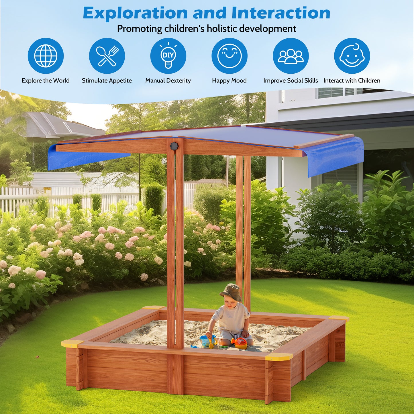 YOUPINS 48" Wooden Sandbox with Lid, Outdoor Large Kids Sandbox with Seat,for Yard Lawn Garden