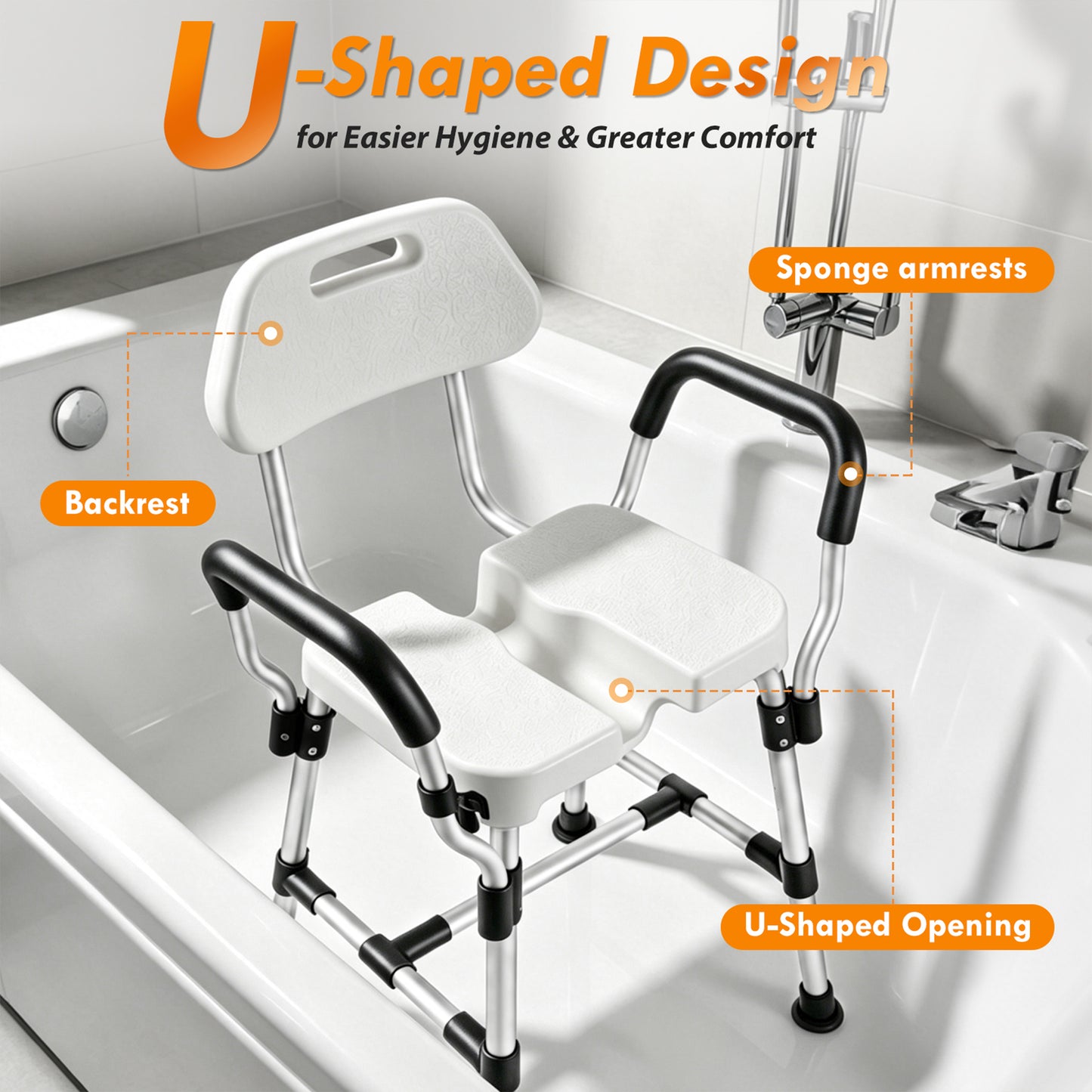 COSYWILL U-Shaped Shower Chair,Aluminum Adjustable Heigh Bath Chair with Back and Arms,Heavy Duty Shower Tool for Elderly Disabled Adults