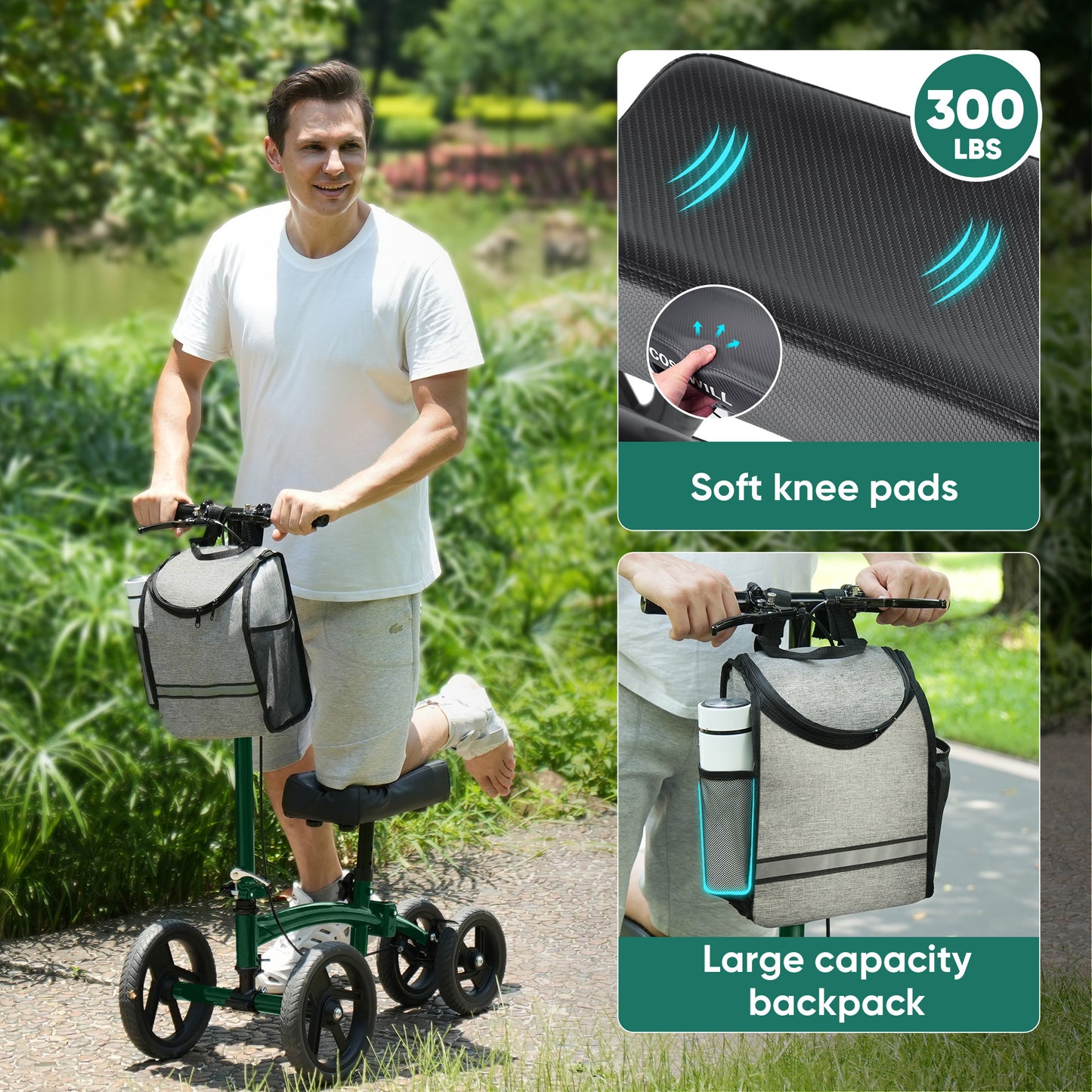 COSYWILL Steerable Knee Scooter,Economy Knee Walker,All Terrain Foldable Medical Scooter for Foot Injuries Crutches Alternative,Green